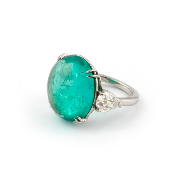 Cabochon Emerald and Diamond Ring Mounted in Platinum