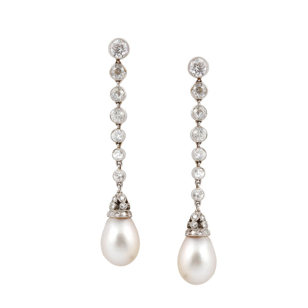 Art Deco Natural Saltwater Pearl and Diamond Earrings in Platinum